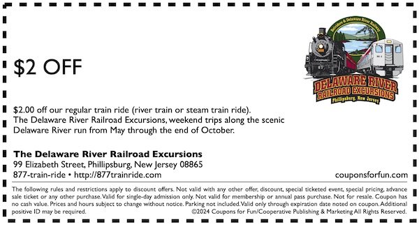 Savings coupon for the Delaware River Railroad Excursions in Phillipsburg, New Jersey