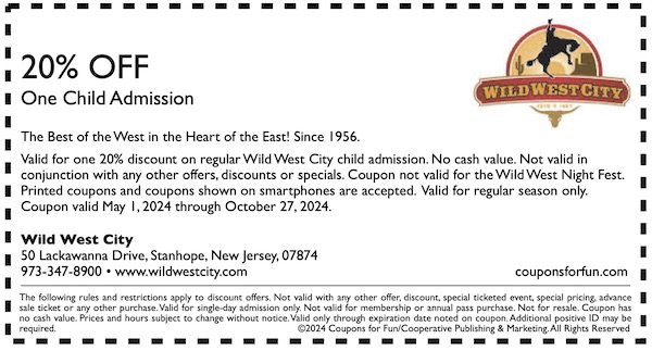 Savings coupon for Wild West City in Stanhope, New Jersey