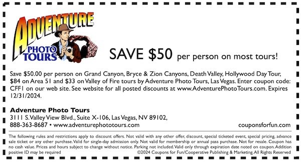 Savings coupon for Adventure Photo Tours in Las Vegas, Nevada