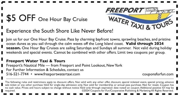 Savings coupon for Freeport Water Taxi Tours in Freeport, New York