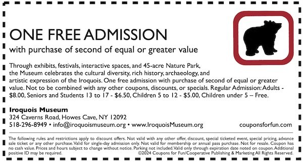 Savings coupon for the Iroquois Indian Museum in Howes Cave, New York