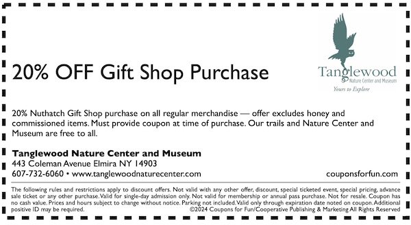 Savings coupon for Tanglewood Nature Center in Elmira, New York - nature, museum, zoo, hike, family, fun, kids, things to do in New York