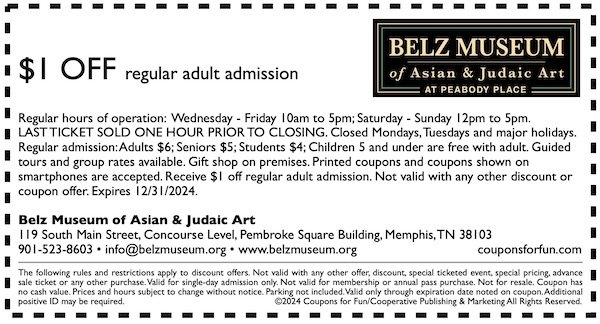 Savings coupon for the Belz Museum in Memphis, Tennessee