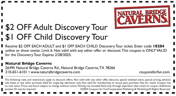 Get savings coupon for Natural Bridge Caverns in Texas, cave, cavern, family fun, kids, adventure travel