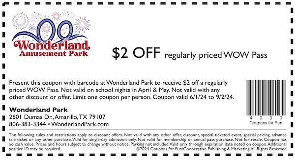 Savings coupon for Wonderland Amusement Park in Amarillo, Texas
