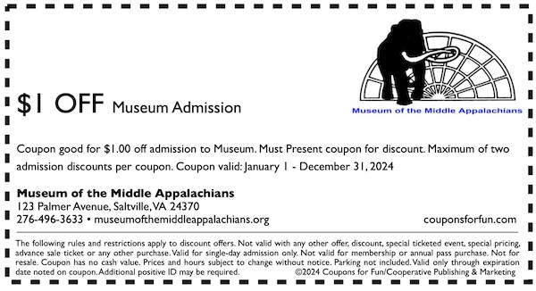 Savings coupon for the Museum of the Middle Appalachians