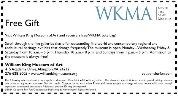 Savings coupon for William King Museum in Abingdon, Virginia