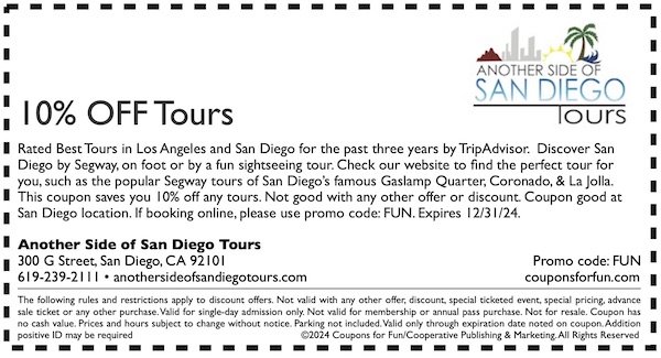 Savings coupon for Another Side Tours San Diego, California
