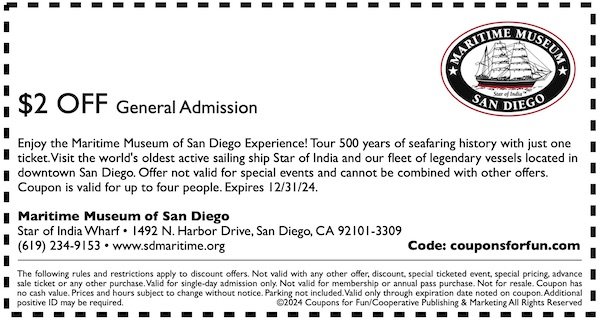 Savings coupon for the Maritime Museum San Diego, California