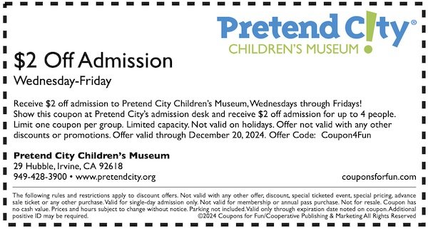 Savings coupon for Pretend City in Irvine, California