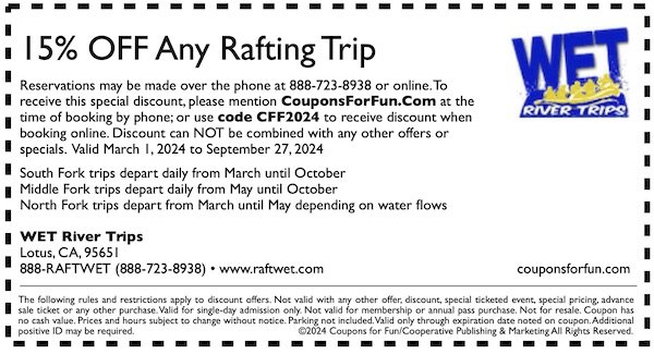 Savings coupon for WET River Trips in Lotus, California