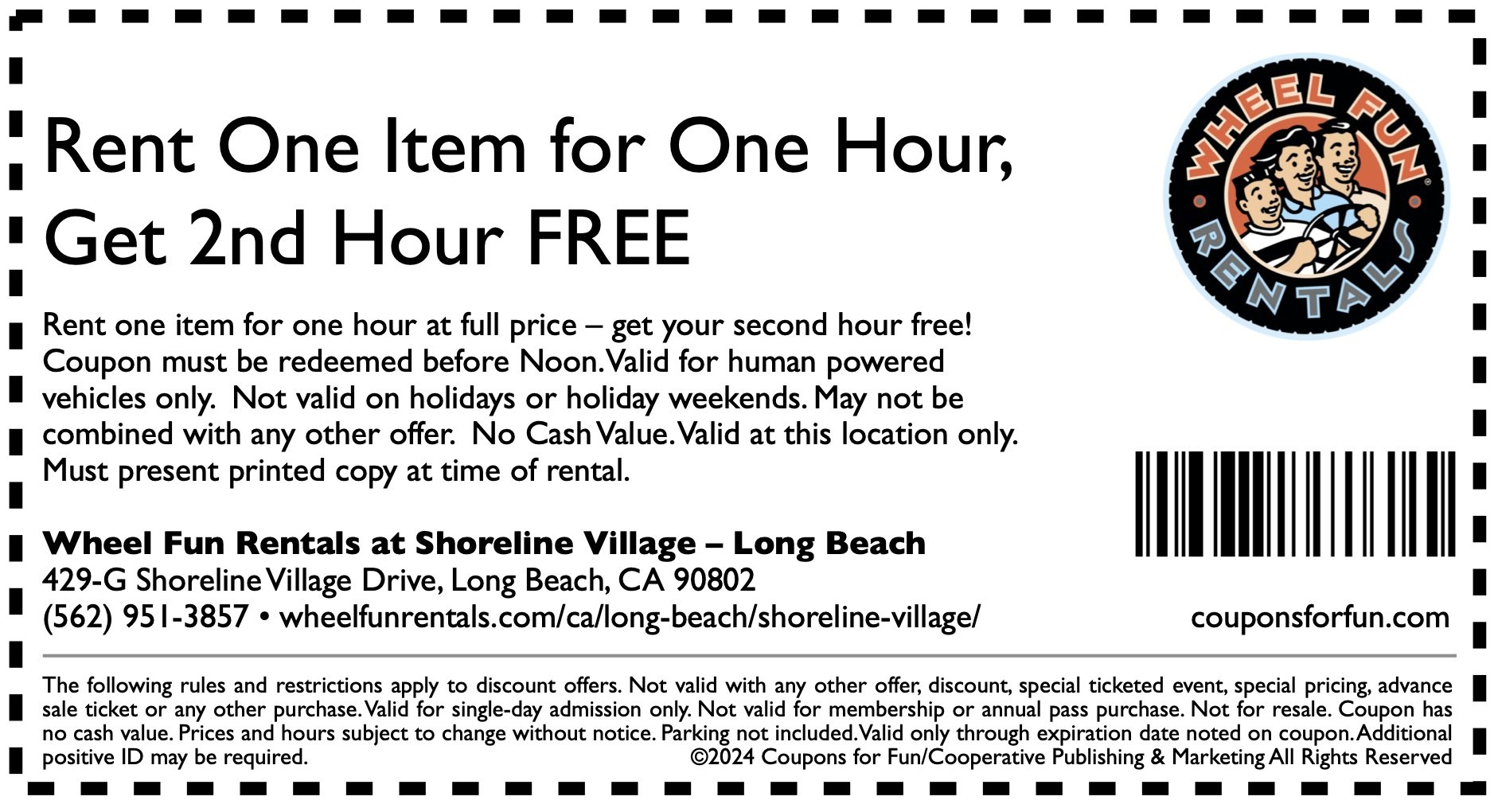 Savings coupon for Wheel Fun Rentals at Shoreline Village in Long Beach, CA