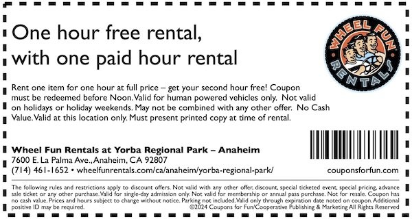 Savings coupon for Wheel Fun Rentals in Anaheim, California - things to do in Orange County, CA