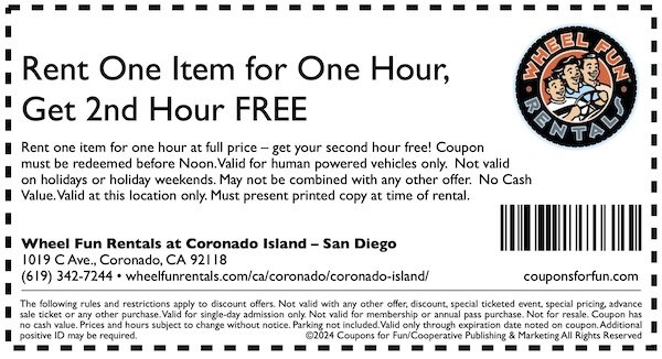 Savings coupon for Wheel Fun Rentals in Coronado, California - San Diego
