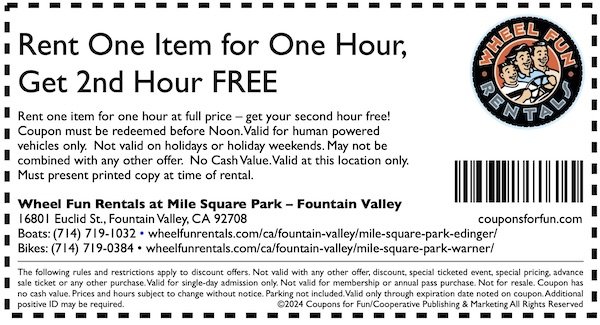 Savings coupon for Wheel Fun Rentals in Fountain Valley, California