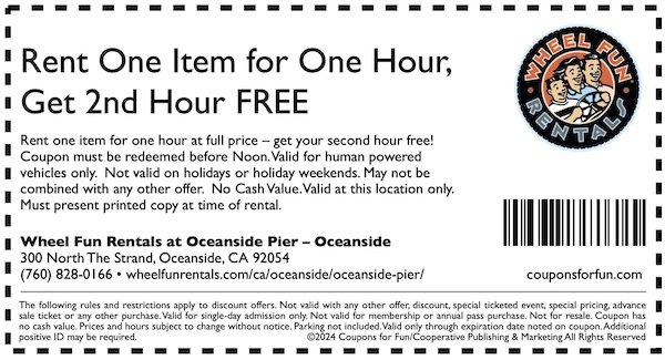Savings coupon for Wheel Fun Rentals in Oceanside, California near San Diego