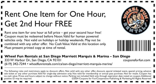 Savings coupon for Wheel Fun Rentals in San Diego's harbor area - California
