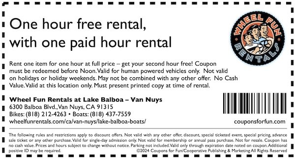 Savings coupon for Wheel Fun Rentals in Van Nuys, California