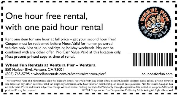 Savings coupon for Wheel Fun Rentals at Ventura Pier in Ventura, California - things to do in Ventura