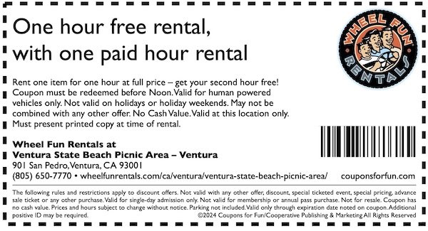 Savings coupon for Wheel Fun Rentals in Ventura State Beach, California, bike, things to do in Ventura