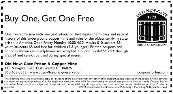 Savings coupon for Old New-Gate Prison & Copper Mine in East Granby, Connecticut.