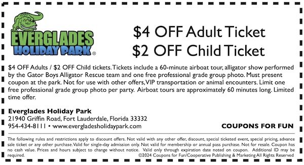 Savings coupon for the Everglades Holiday Park in Fort Lauderdale, Florida