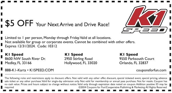 Savings coupon for K1 Speed in Medley, Hollywood and Orlando, Florida - kart racing