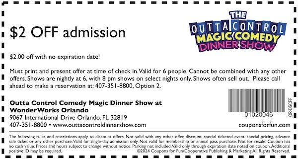 Savings coupon for Outta Control Comedy Magic Dinner Show in Orlando, Florida