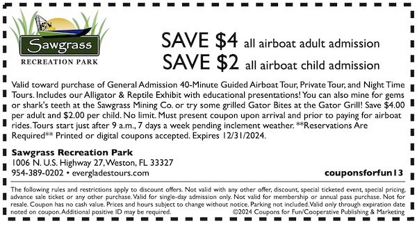 Savings coupon for Sawgrass Recreational Park in Weston, Florida