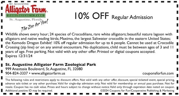 Savings coupon for St. Augustine Alligator Farm Zoological Park in St. Augustine, Florida