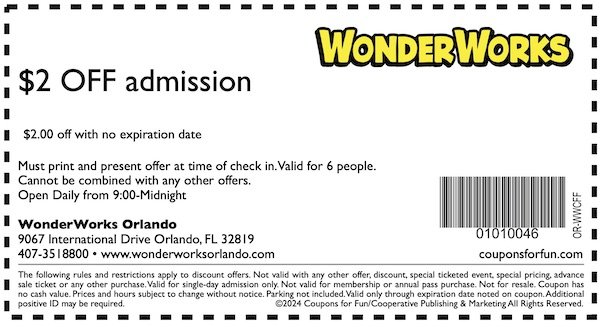 Savings coupon for WonderWorks Orlando, Florida