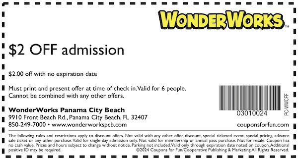 Savings coupon for WonderWorks in Panama City Beach, Florida