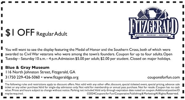 Savings coupon for the Blue and Gray Museum in Fitzgerald, Georgia - historic places
