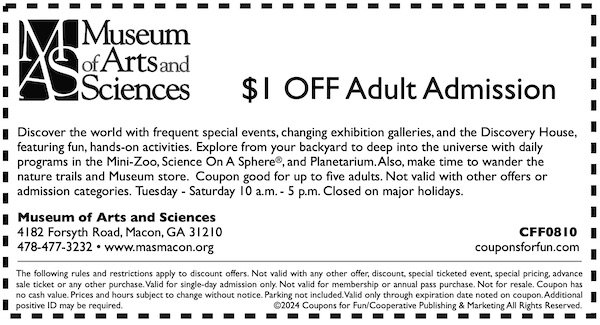 Savings coupon for the Museum of Arts and Sciences in Macon, Georgia
