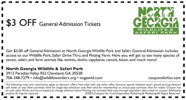 Savings coupon for North Georgia Wildlife & Safari Park in Cleveland, Georgia - kids, family, zoo