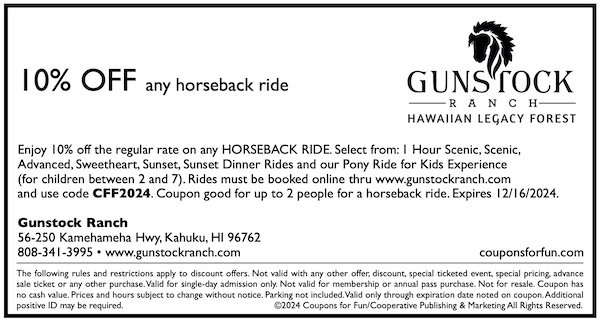 Savings coupon for the Gunstock Ranch in Laie, Oahu, Hawaii - horseback ride