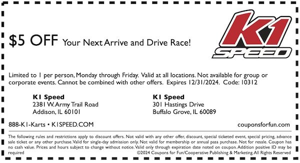 Savings coupon for K1 Speed in Addison and Buffalo Grove, Illinois