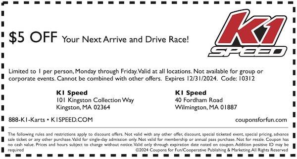 Savings coupon for K1 Speed in Kingston and Wilmington, Massachusetts