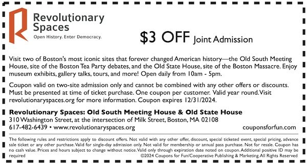 Savings coupon for historic Revolutionary Spaces in Boston, Massachusetts