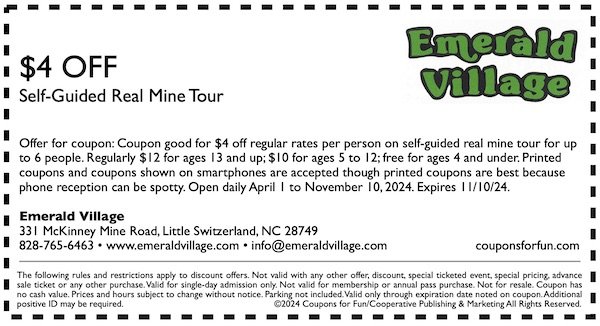Savings coupon for Emerald Village in Little Switzerland, North Carolina - Things to do in North Carolina