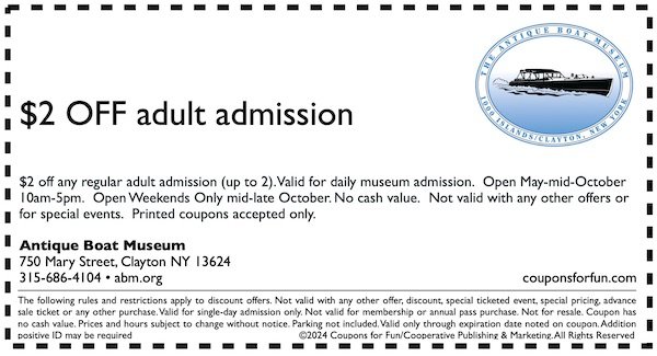Savings coupon for the Antique Boat Museum in Clayton, New York