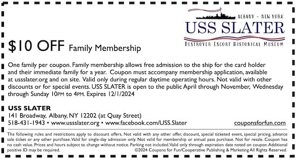 Savings coupon for USS Slater in Albany, New York.