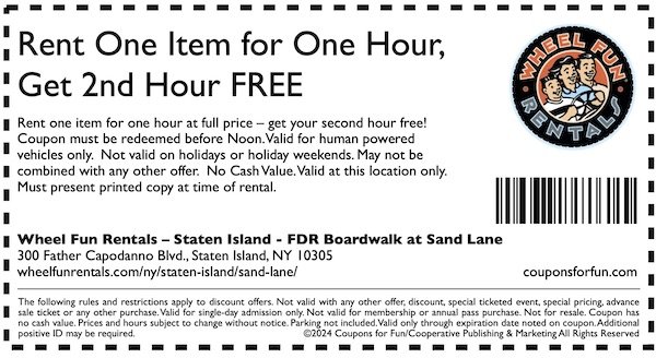 Savings coupons for Wheel Fun Rentals in Staten Island - Sand Lane, New York