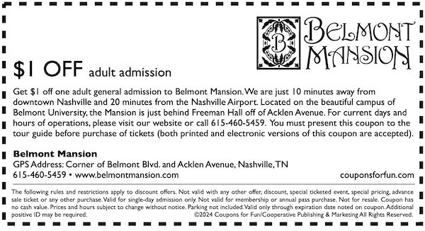 Savings coupon for Belmont Mansion in Nashville, Tennessee
