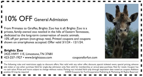 Savings coupon for Brights Zoo in Limestone, Tennessee - kids
