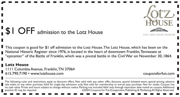 Savings coupon for Lotz House in Franklin, Tennessee
