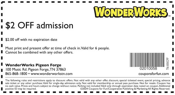 Savings coupon for WonderWorks Pigeon Forge, Tennessee
