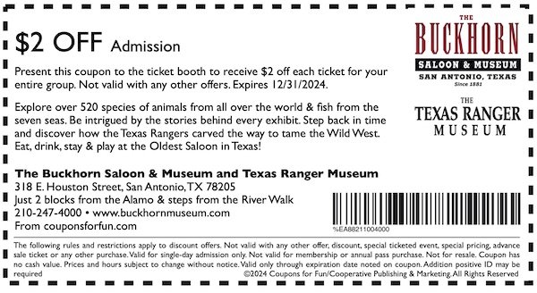 Savings coupon for Buckhorn Saloon Museum in San Antonio, Texas