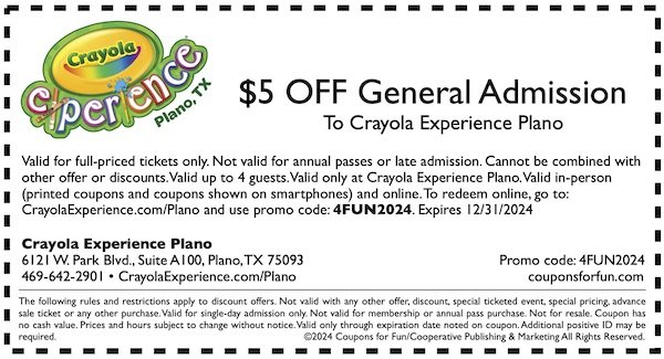 Savings coupon for Crayola Experience Plano, Texas