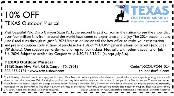 Savings coupon for the Texas Outdoor Musical in Canyon, Texas